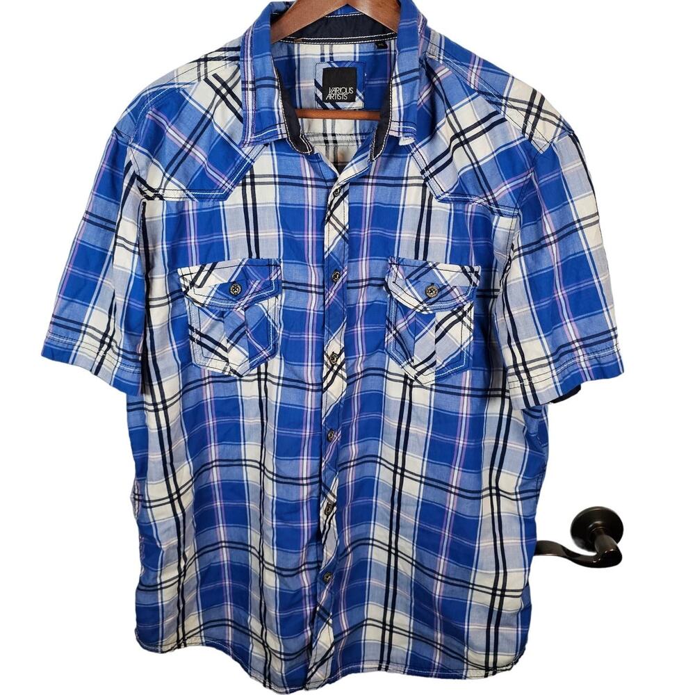 Men's 2XL XXL Button Up Blue Plaid Short Sleeved Shirt EUC Various Artists